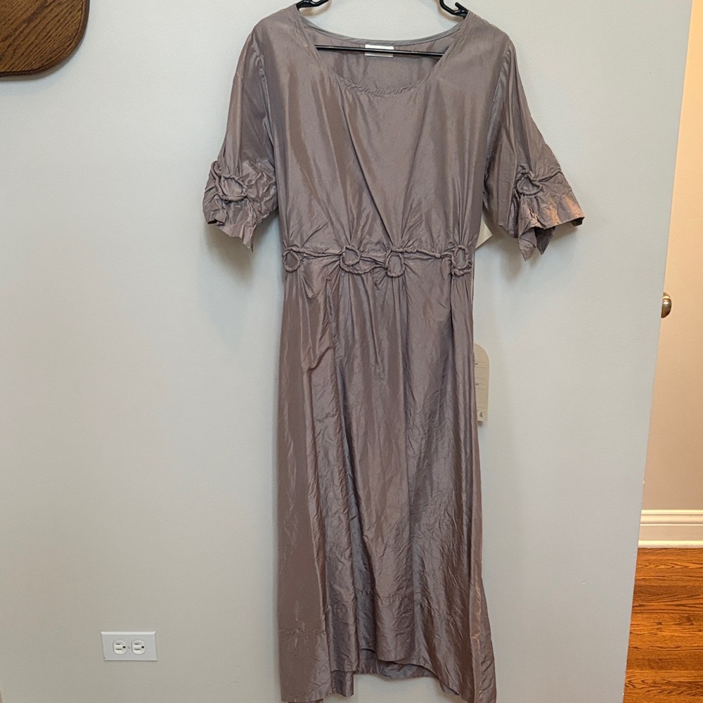 Lavender silk taffeta long scroll dress l with Ring-Waist Detail